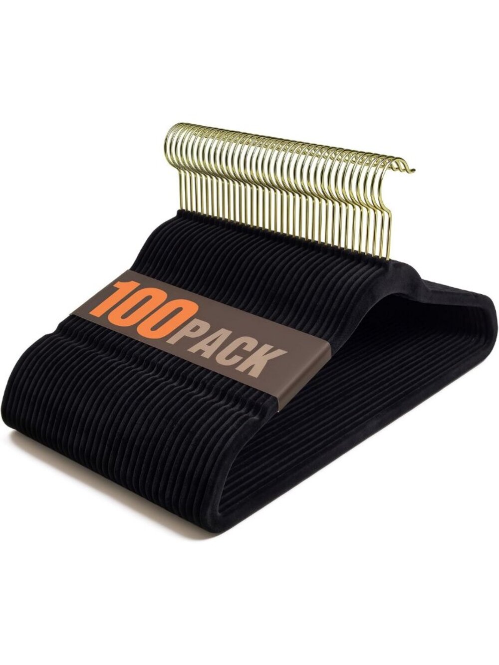 100 Pack Black Velvet Non-Slip Hangers with Gold Hooks - Premium Felt Hangers